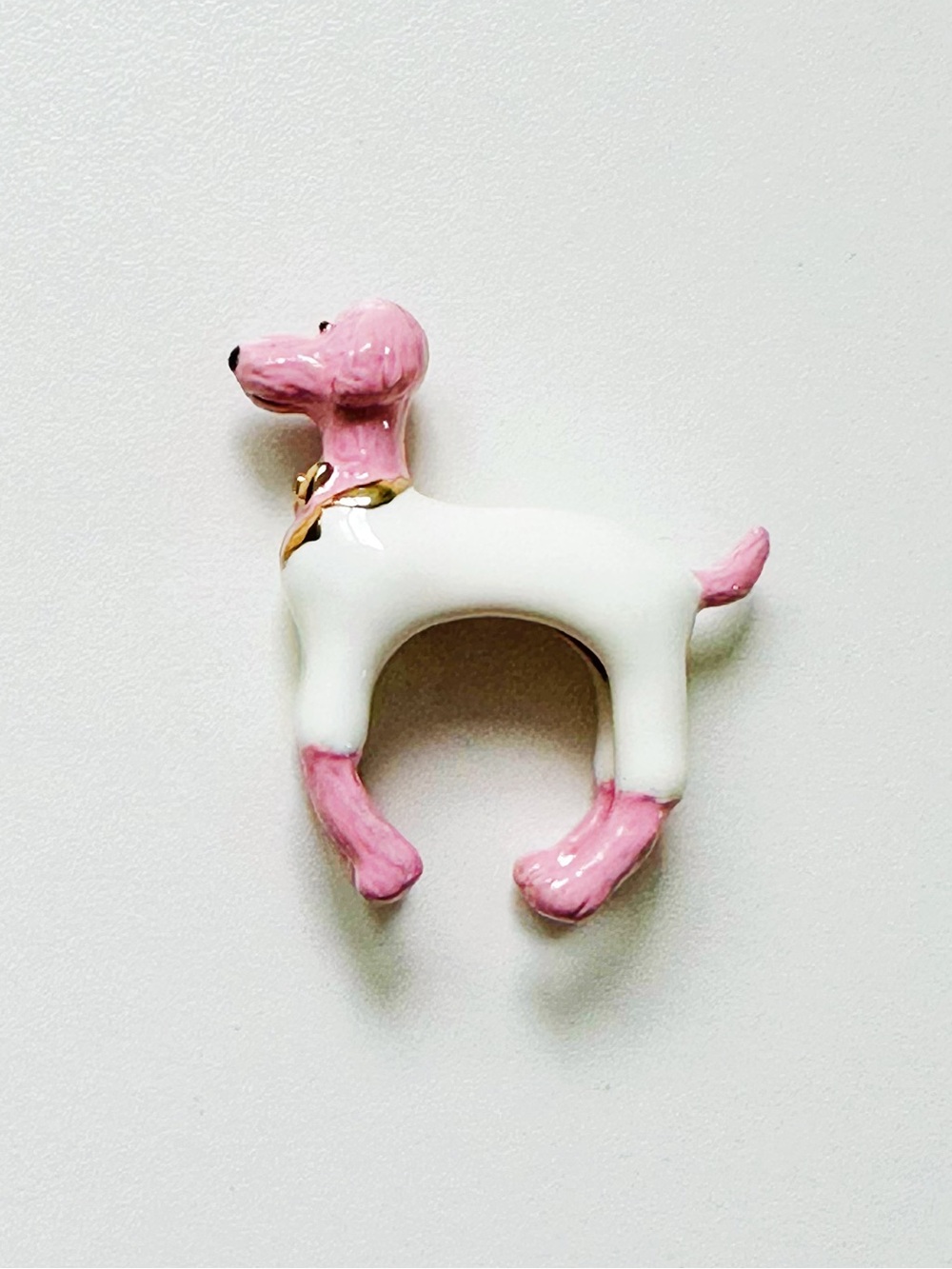 Poodle Ring 16K plated Ceramic Pink & White Open Ring size 6.5